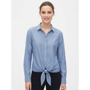Babaton Blue Striped Tie Front Long Sleeve Button Down Top Size S